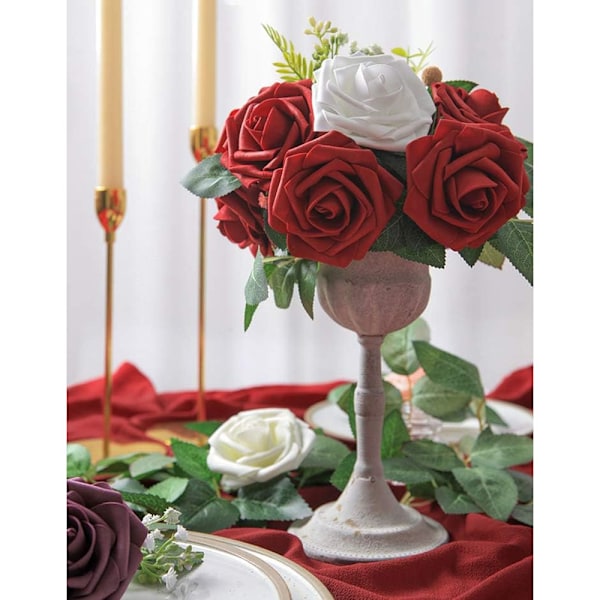 25 stk. Elfenbensfarvede Kunstige Skumroser med Stilke til Bryllupsbuketter, Festlige Midtpunkter, Arrangementer (Dark Red)