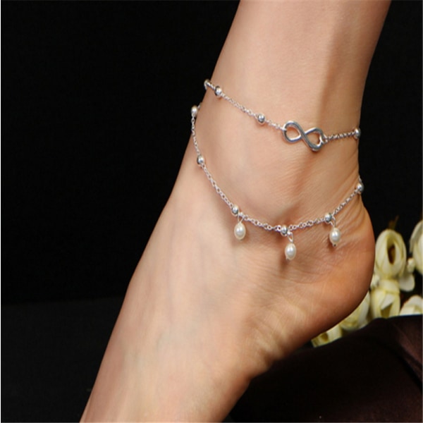 1 st (silver) Dubbel anklet Silver Bead Anklet Armband Pärlor Ch