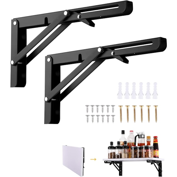 Folding Bracket 350mm, 2 Pieces Black Folding Console Bracket, Load Folding Shelf Brackets, Heavy Duty Retractable Foldi