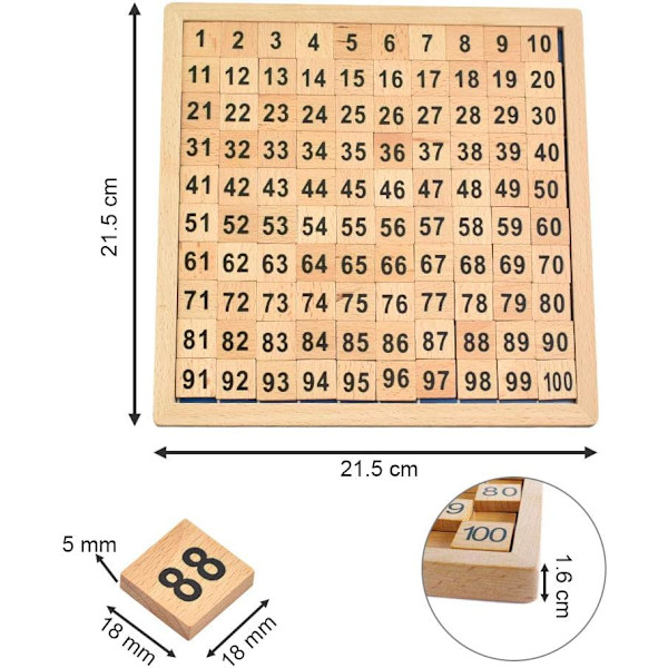 Montessori Matematik Puslespil Træ Nummerbræt 1-100 Kontinuerlige