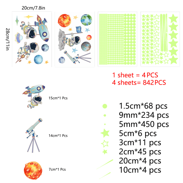 842PCS lysende klistremerker, solsystem lyser opp stjerner og firkanter f