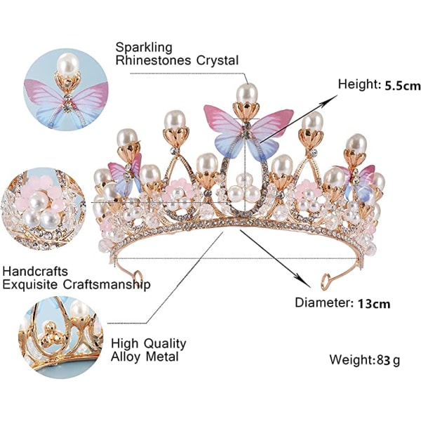 Jente sommerfugl perle krone hodeplagg, krystall barnesmykker,