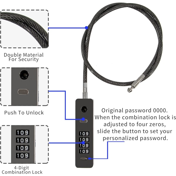 (0,7 m, 5 mm, sort) Kombinationslås Vejrbestandigt stållåsekabel til bagage med nulstillelig kode og flettet ståltyverikabel
