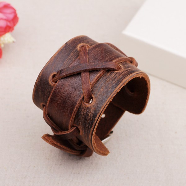 Ægte Bredt Læder Casual Mænds Brun Manschet Armbånd