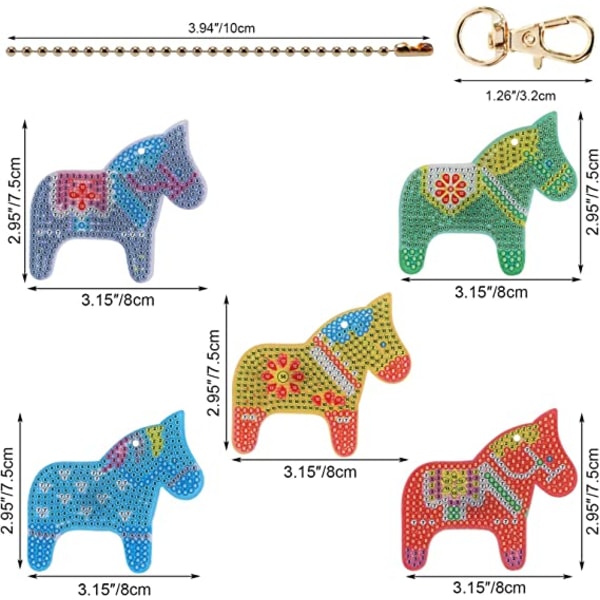 5 delar 5D DIY diamond painting nyckelringar med hästmönster, Rh
