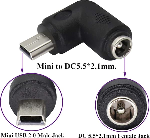 (2-pak-Mini) 90 Grader USB Mini Strømadapter DC med Retvinklet Mini USB Han til DC 5,5x2,1 mm Stik