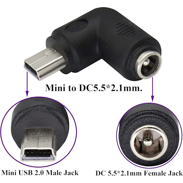 (2-pakke-Mini) 90 Grader USB Mini Strømadapter DC Høyre Vinkel Mini USB Hann til DC 5,5x2,1 mm Kontakt