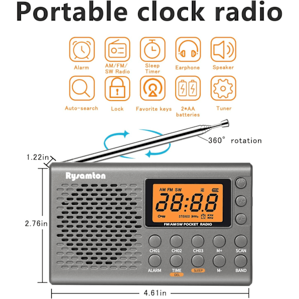 (Harmaa) AM/FM/Lyhytaalto Kannettava Radio, Paristoilla Toimiva Taskuradio, Suuri Digitaalinen Näyttö, Herätyskello Radio Herätyskellon Ja