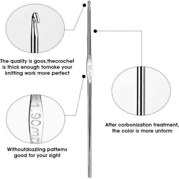 12 stk Heklenåler i liten størrelse 0,6 mm til 1,9 mm heklenåler