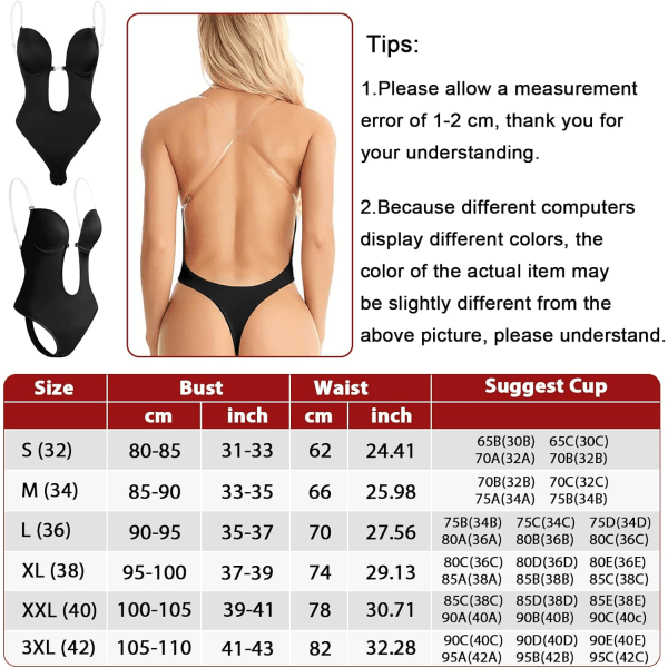 Kvinders dybe rygløse body shaper bh (sort), usynlige rygløse bryllupsbodystocking, sømløs rygløs push up bh, undertøj med gennemsigtig strop til brudekjole aftenkjole