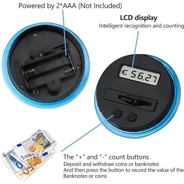 1 stk elektronisk euro sparegris 1,8L stor kapasitet, digital elektronisk sparegris med LCD-skjerm, kreativ gjennomsiktig automatisk mynttelling pengeboks, gave til barn, voksne