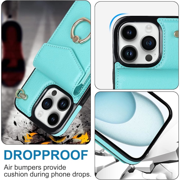 Kompatibelt iPhone 15 Pro Max Cover 6,7 tommer, minimalistisk wallet cover med ringstøtte og skulderrem - Blå