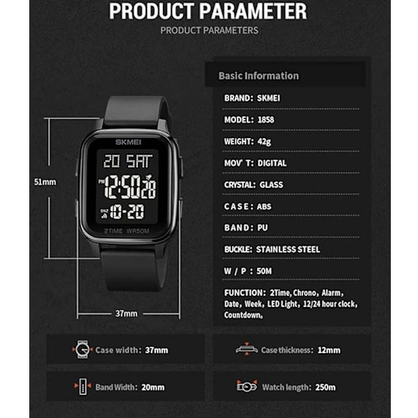 Afslappet Digital Multifunktionelt Armbåndsur med Nedtællingstimer og LED-lys 50M Vandafvisende (Black)