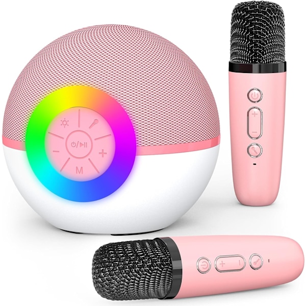 Mini Karaoke Maskin för Barn och Vuxna, Bärbar Bluetooth-högtalare med 2 Trådlösa Mikrofoner (Rosa)