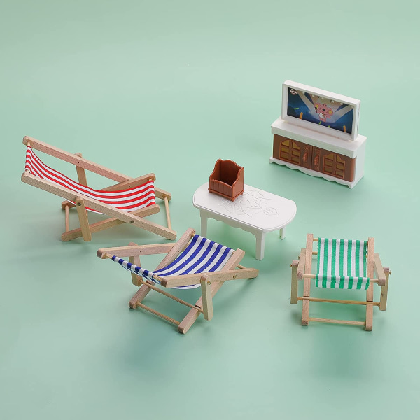 Sæt med 3 mini foldbare strandstole i træ til dukkehus eller dukke