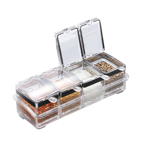 Gourmet-sarja, jossa 4 akryylimaustekammiota ja 4 tarjoilulusikkaa