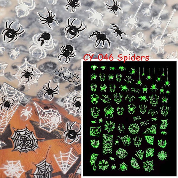 6 Lysende Svarte og Hvite Halloween Neglekunst Klistremerker, Gløder i Mørket