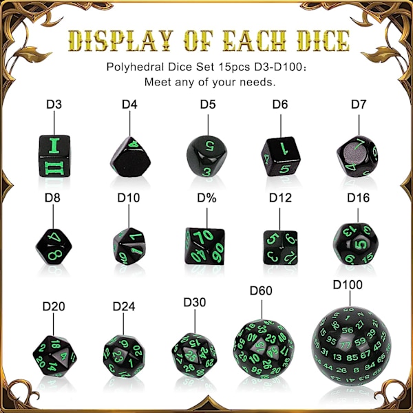 Terningsett, rollespillterninger, polyhedral terningsett med 15 stk D3-D100