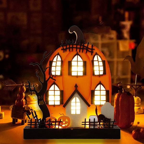 Halloween-bordpynt, 9 x 8 tommer opplyst gresskarhus