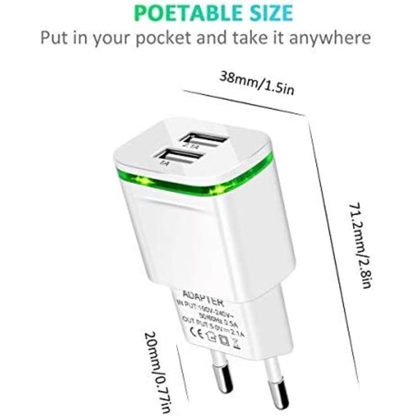 USB-nettstøpsellader, 2-Pack 2.1A 5V 2 Port Universal Power Ad