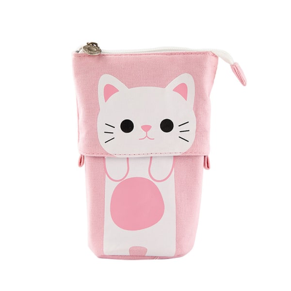 Pink Durable Canvas Retractable Pencil Case with Cute Cat Design