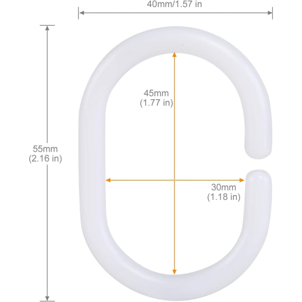 24 hvide enkeltkroge 46 x 29 mm, sæt med 24 plastik brusebadsringe,