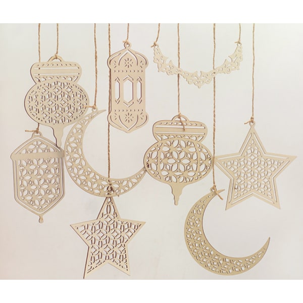 9 Pieces Wooden Pendant Ornaments Hollow Decoration Ramadan Kare