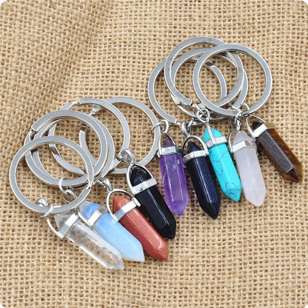 6 stk. Krystal Nøglering Chakra Energi Healing Krystal Sten Nøglering Heksagonal Kvarts Ædelsten Nøgle Vedhæng Charm til Håndtaske