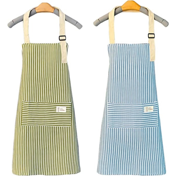 Sett med 2 kjøkkenforklær i bomull og hamp (70 cm x 68 cm, grønn, blå)