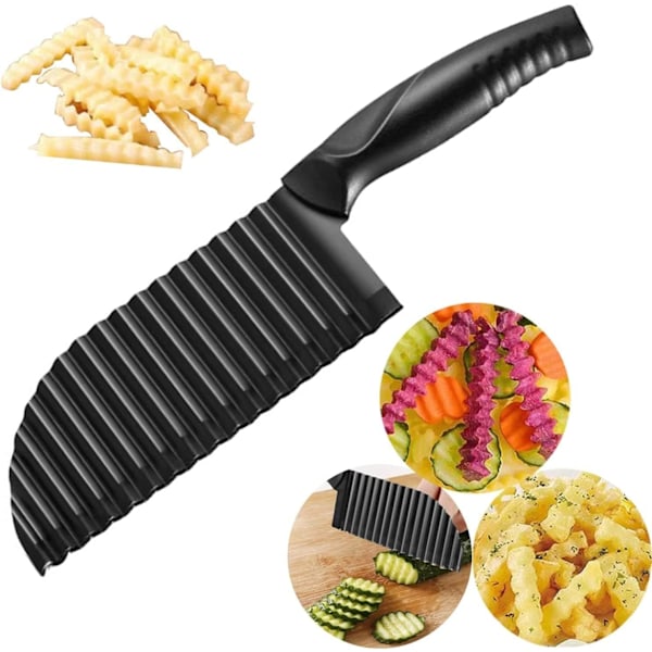 2,9 tum x 11,8 tum Vågig Potatis Skärare i Rostfritt Stål, Krullig Pommes Frites Skärare, Svart (1-pack)