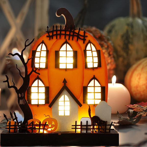 Halloween-bordpynt, 9 x 8 tommer opplyst gresskarhus