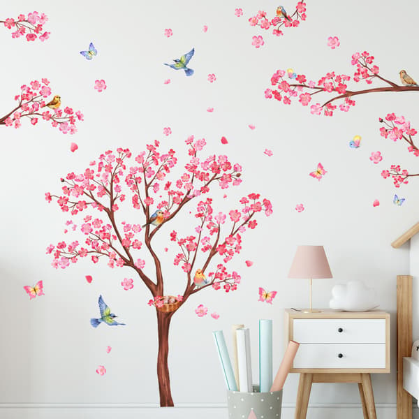 decalmile Pink Blossom(Tree H: 90cm) Tree Wall Decals Birds on B