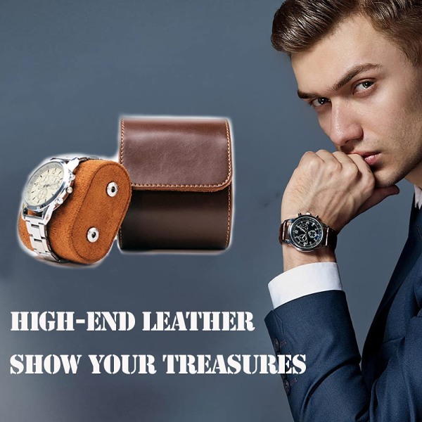 Unik Watch Roll Travel Case for menn, brun Pu Leather Watch Stor