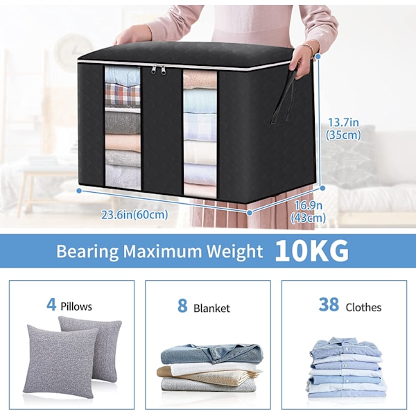 4-pak Sort Opbevaringspose til Tøj, 60 * 40 * 35 cm Stor Opbevaringspose til Under Sengen, Stor Kapacitet, Sammenfoldelig, til Dyne Tøj