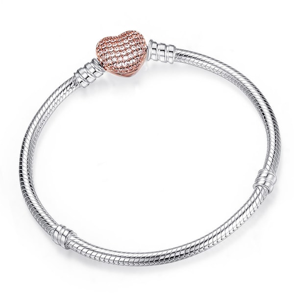 Silverfärgad Ormkedja Zirkon Armband Säkert Hjärta Lås Pärlor Berlocker Armband för Dam