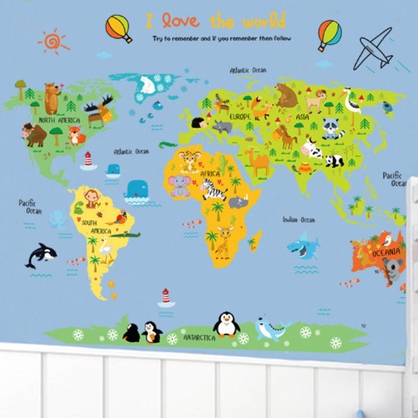 Animal World Map Veggdekor for barn (60 * 90 cm), Jungle Wildl