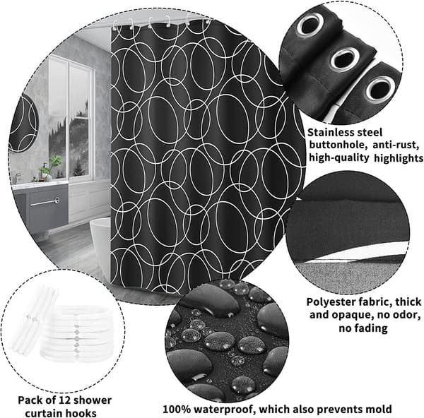 Duschdraperier 180 x 180 cm 100 % polyester med 12 ringar, Anti-