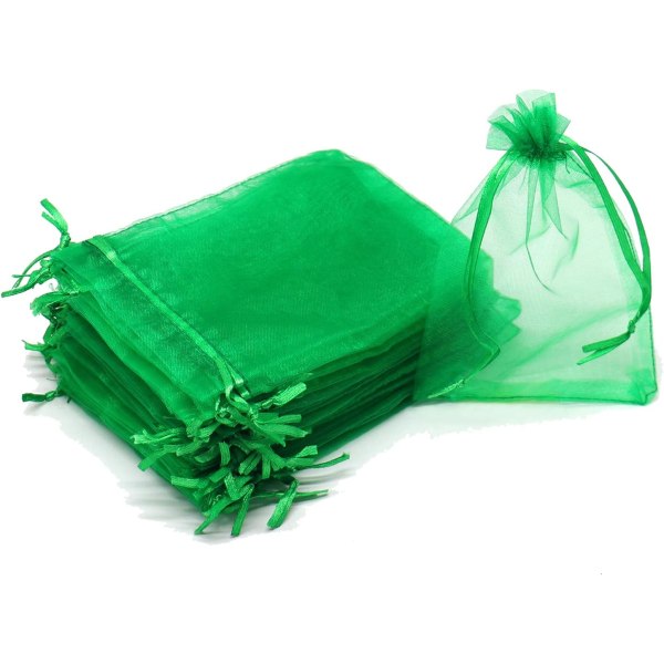 100 stk 3,9x6 tommers organzaposer med snøring, grønn liten mesh