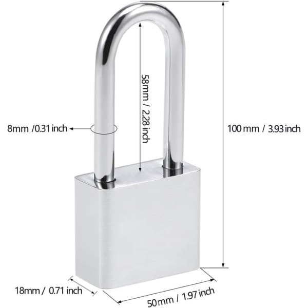 Hänglås 50 mm hänglås med 3 nycklar, Härdat stålskal, Lång shackle Diameter 8 mm, Utomhus hänglås för skåp, garage, staket, trädgård