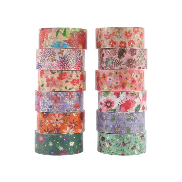 Adhesive tape set with 12 rolls of cute gold foil flower decorat