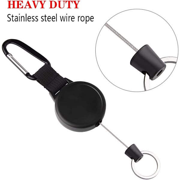 Heavy Duty Retractable Key Ring med 65cm Stålkabel, Sort