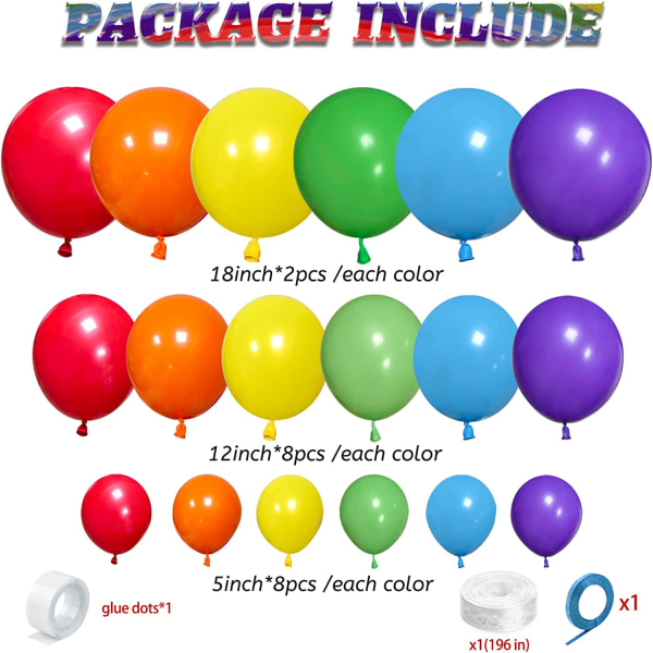 Rainbow Balloon Arch Kit 111 kpl 18 12 5 tuuman lateksi värikäs