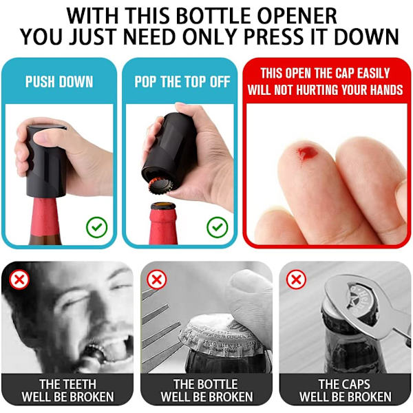 2-PACK Push Down-Pop Off Ölflasköppnare med Magnetisk Kapsyl