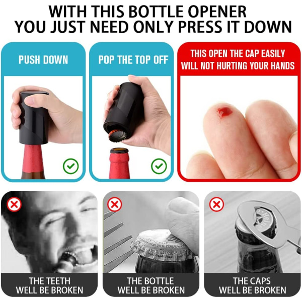 2 PAK Push Down-Pop Off ølflaskeåbner med magnetisk låg Ca