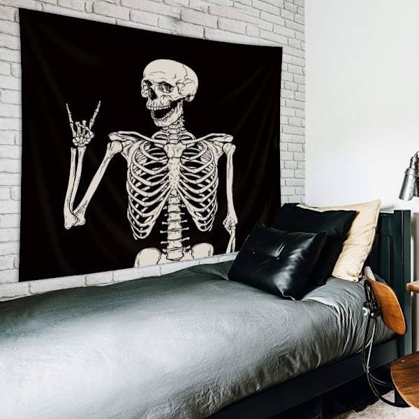 Kranietæppe Vægophæng 51Hx59W Tommer Sjovt Sort og Hvidt Skelet Tema Hjemmeindretning til Mænd Kvinder Gotisk Hippie Halloween Boheme Terror Rock and Roll Soveværelse Stue Sovesal