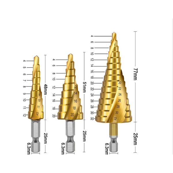 3PCS Forsenker Bor Bit Trinn Bit, HSS Rustfritt Stål, 4-12/2