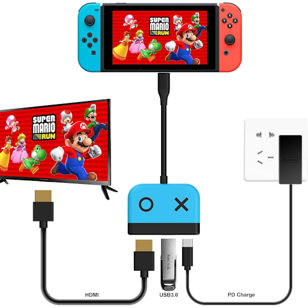 (Sininen) Switch-telakka Nintendo Switch OLED -laitteelle, 3-in-1 TV-sovitin 4K HDMI:llä, USB 3.0 -portilla, 65 W:n Type-C PD -latauksella, kannettava matkasovitin Nintendo Switch/Switch OLED -laitteelle