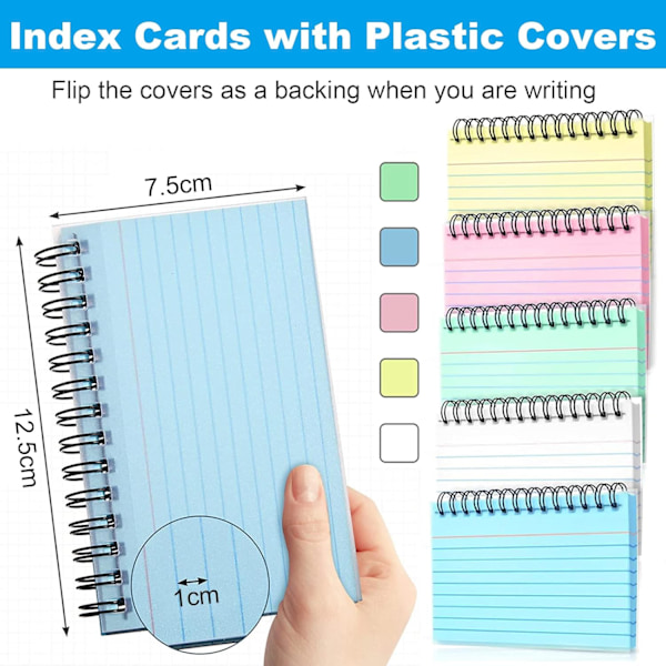 500 Färgade Indexkort, 10 Pack 5 Färger Linjerade Indexkort, 125 x 75 mm Spiralbundna Flashcards Revis