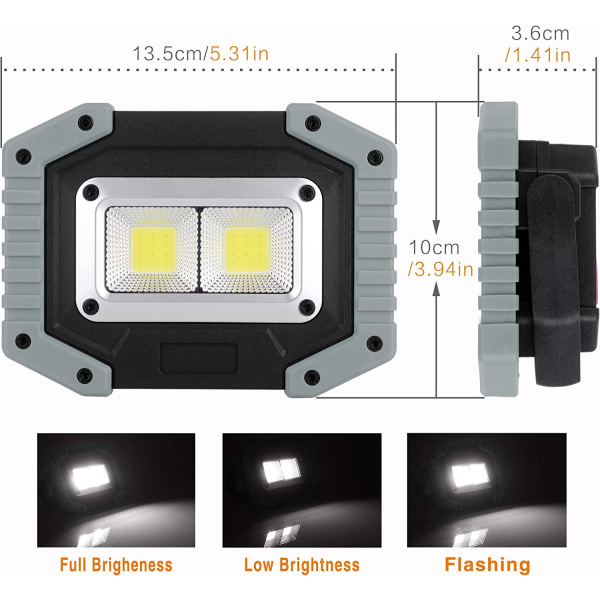 Oppladbar LED arbeidslampe, 30W 1500LM vanntett COB bærbar spotlight for utendørs camping, fotturer, nødvedlikehold av kjøretøy, belysning på byggeplasser, 2 sett (W839 grå)