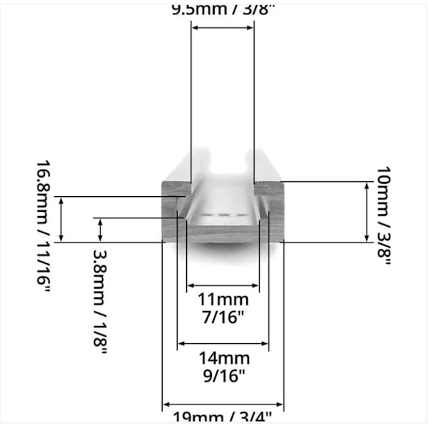 300 mm T-kisko T-ura alumiininen T-kisko saha- ja jyrsinkoneille sekä puuntyöstötyökaluille, 19 x 9,5 mm, 2 kpl